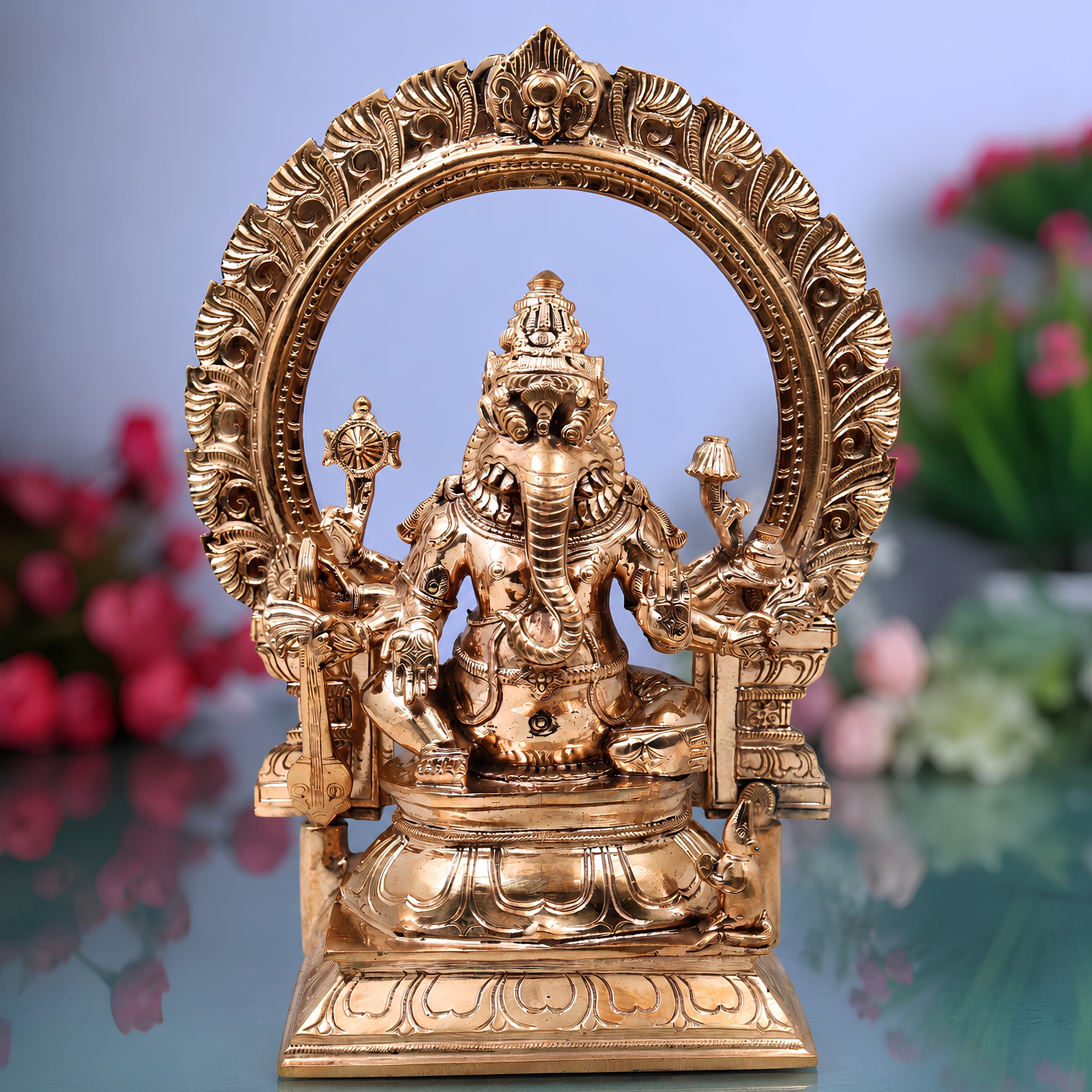 Bronze Narasimha Ganesha Idol, Ganapati Vinayaka Murti for Pooja, Home Decor, Gifting, Handcrafted Chola Style, Gold, 14 Inch, 1 Piece