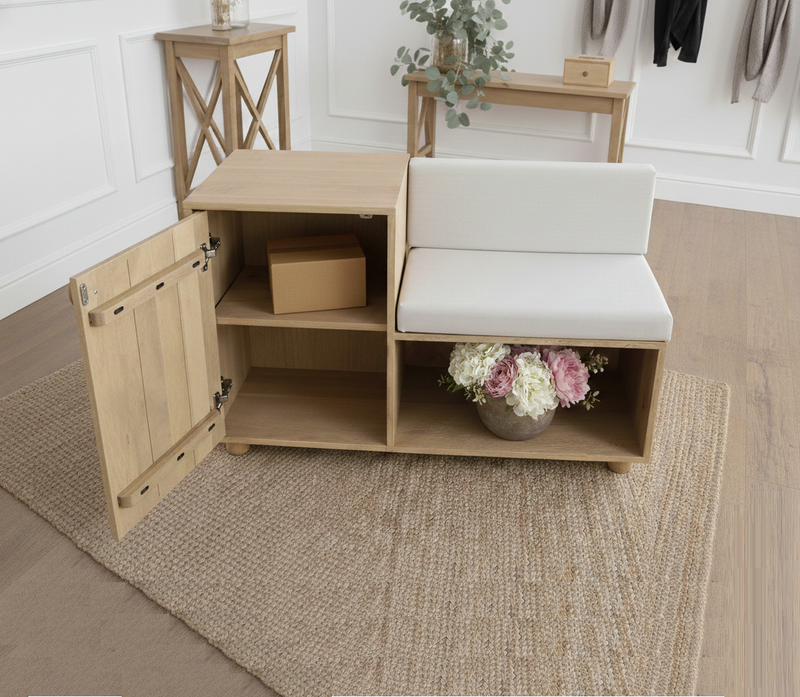 Entryway Wooden Bench with Padded Seat and Side Storage
