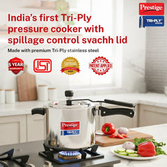 Prestige Edge PEBS 04 4 Burner Manual Gas Stove, Black + Prestige 5 L Tri-Ply Svachh Inner Lid Pressure Cooker, Gas & Induction Compatible, Spillage Control, 5 Years Warranty, Silver