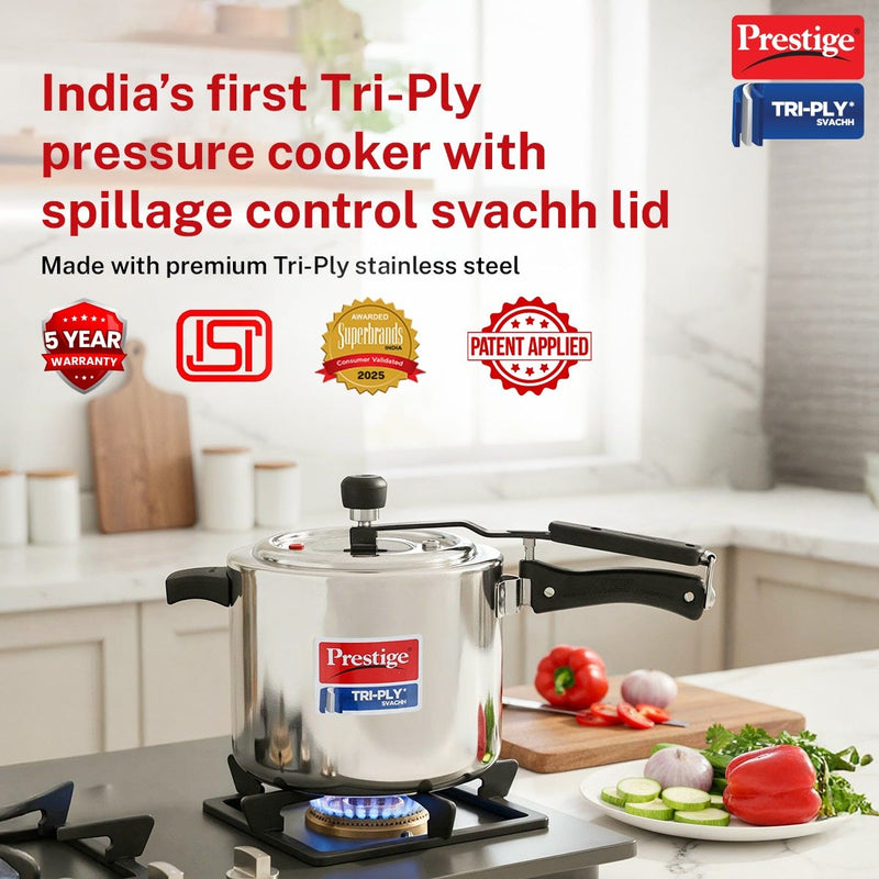 Prestige Edge PEBS 04 4 Burner Manual Gas Stove, Black + Prestige 5 L Tri-Ply Svachh Inner Lid Pressure Cooker, Gas & Induction Compatible, Spillage Control, 5 Years Warranty, Silver