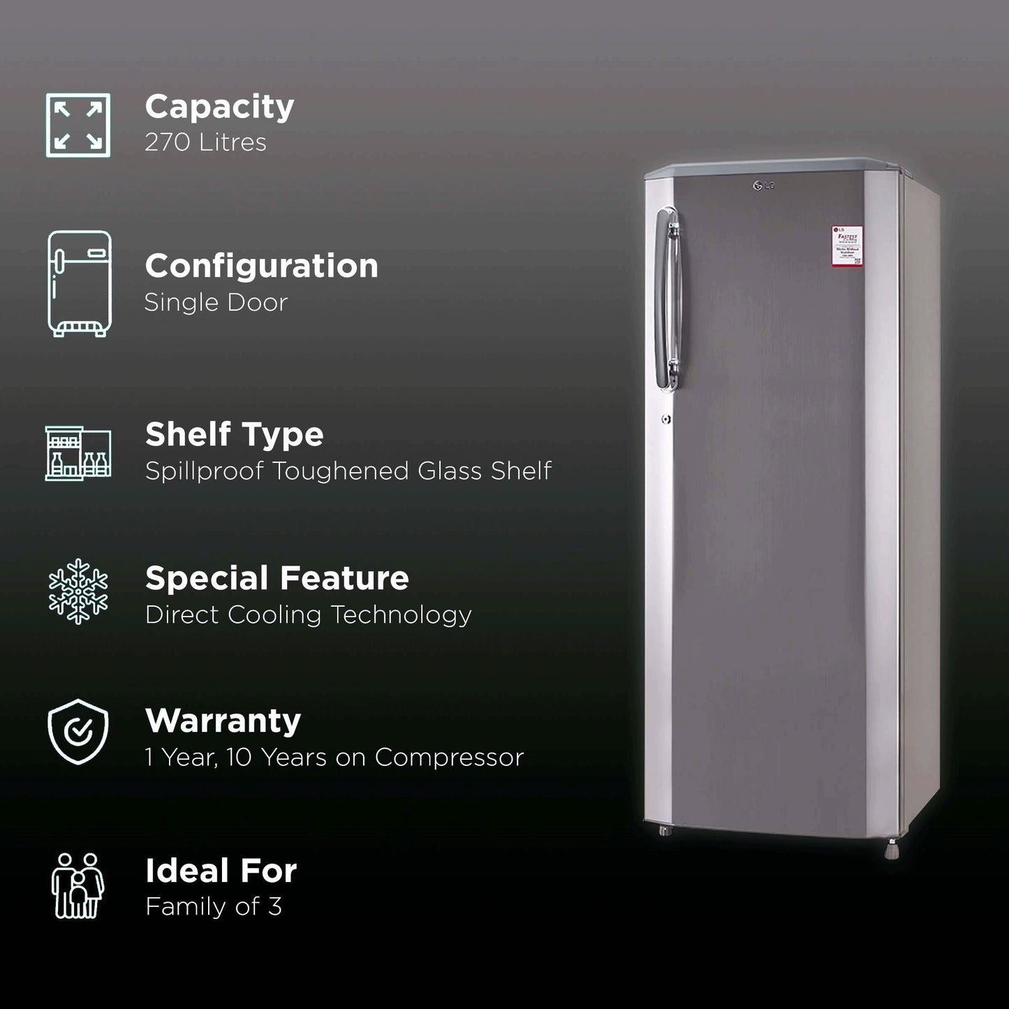 LG 261 Litres 3 Star Direct Cool Single Door Refrigerator with Stabilizer Free Operation (GL-B281BPZX.DPZZEB, Shiny Steel)