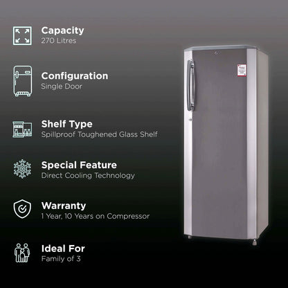 LG 261 Litres 3 Star Direct Cool Single Door Refrigerator with Stabilizer Free Operation (GL-B281BPZX.DPZZEB, Shiny Steel)
