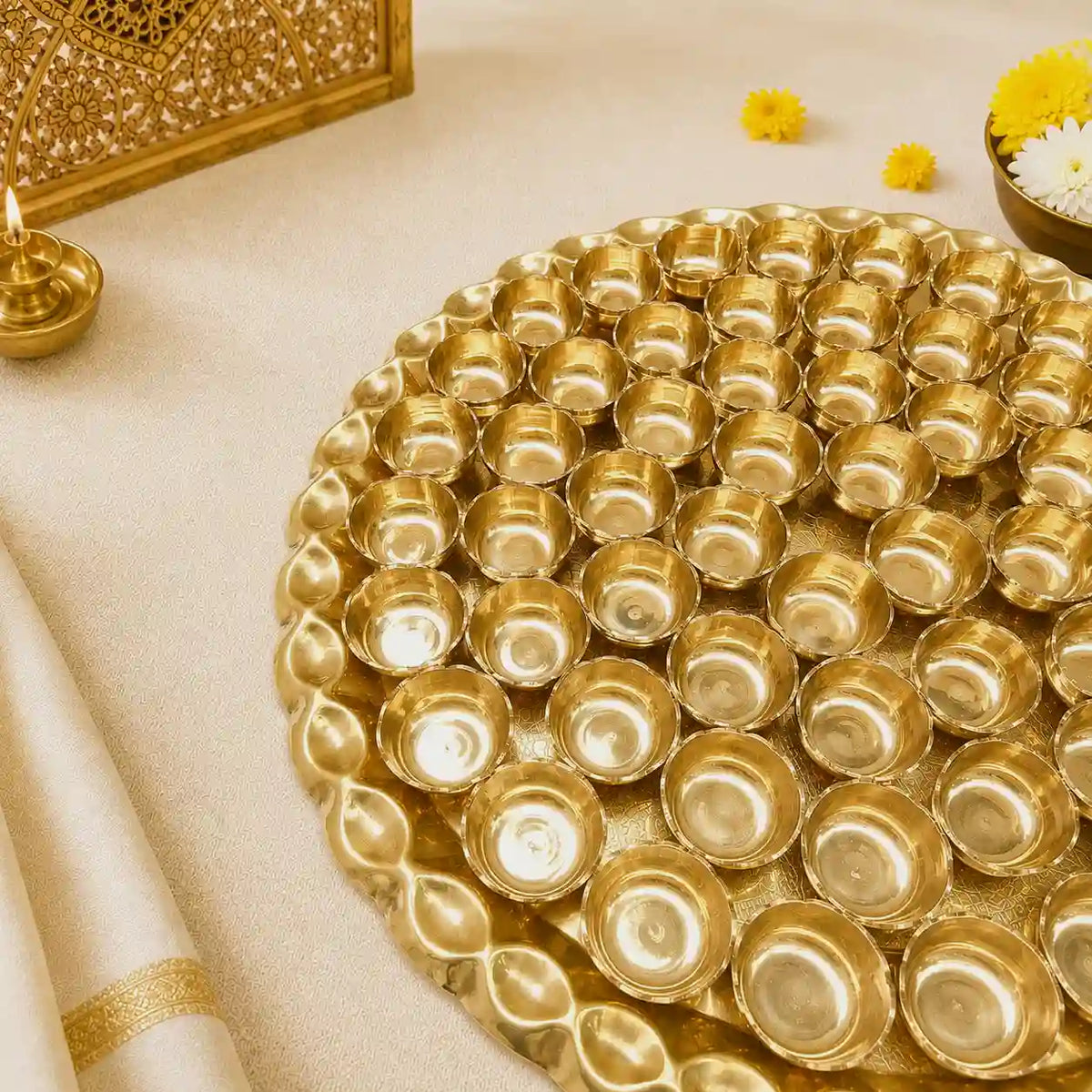 Brass Chappan Bhog Thali With 56 Prasad Bowls Set (23 Inch)