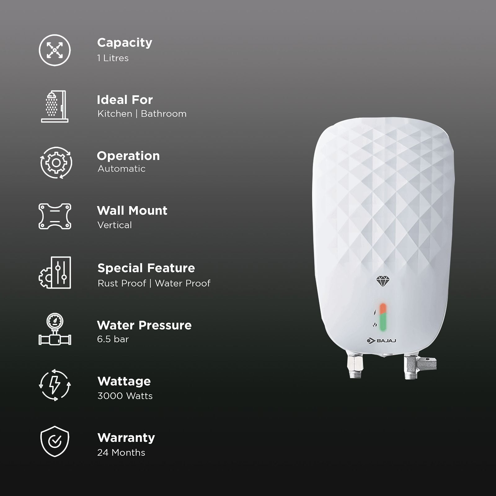 BAJAJ Juvel 1 Litre Vertical Instant Geyser with Multiple Safety Systems (White)