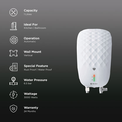 BAJAJ Juvel 1 Litre Vertical Instant Geyser with Multiple Safety Systems (White)