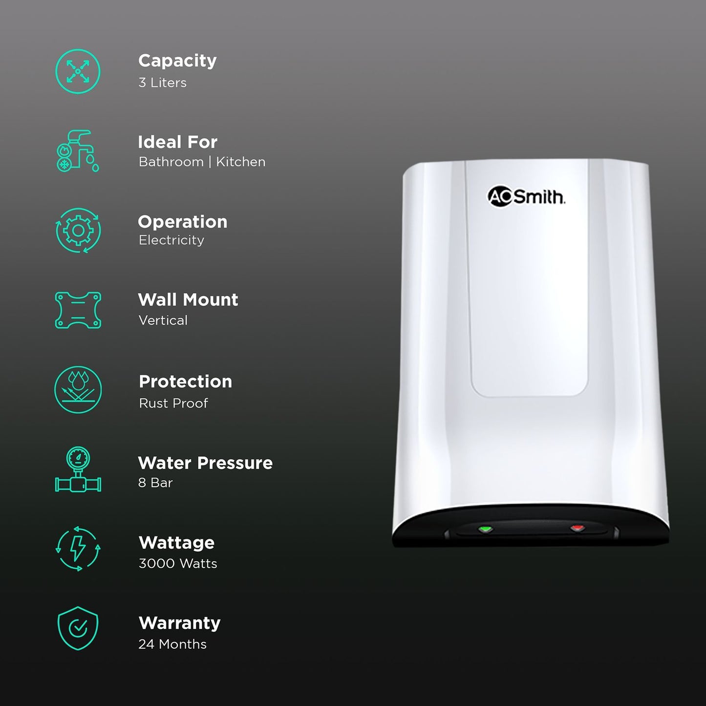 AO Smith MiniBot 3 Litre 5 Star Vertical Instant Geyser with Cutting Edge Technology (White)