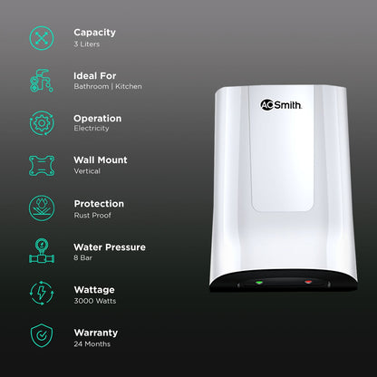AO Smith MiniBot 3 Litre 5 Star Vertical Instant Geyser with Cutting Edge Technology (White)