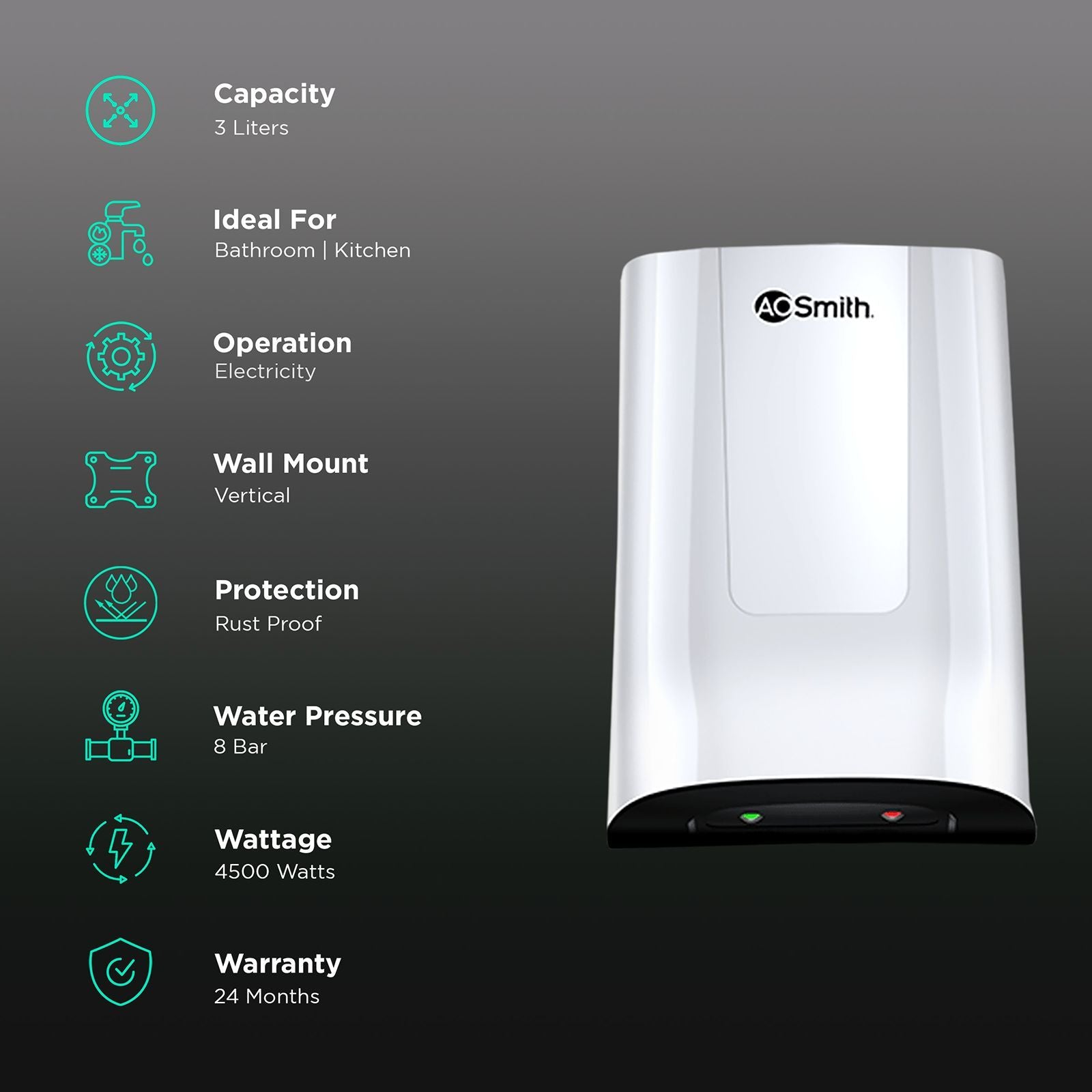 AO Smith MiniBot 3 Litres Instant Water Geyser (4500 Watts, SZS-3, White)