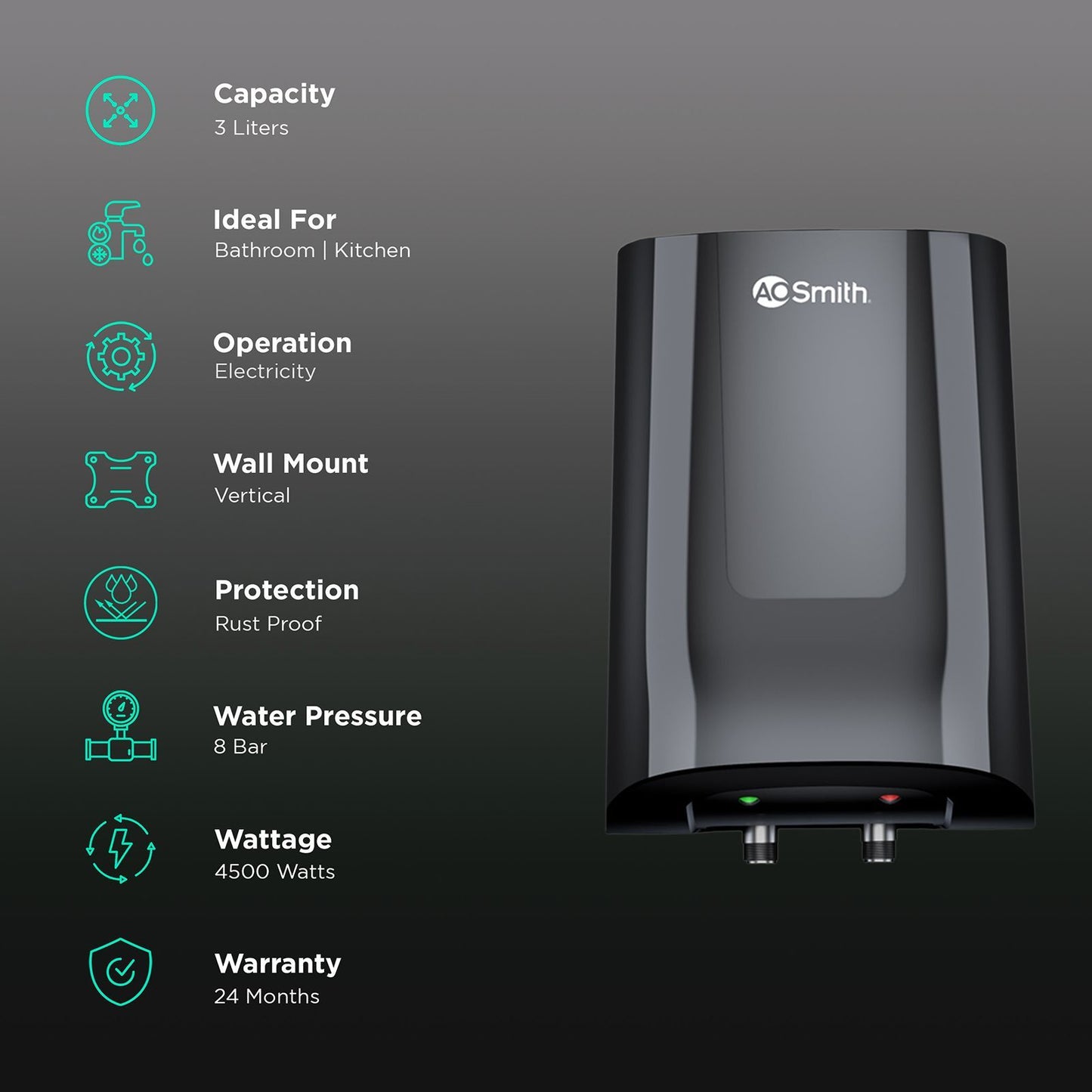 AO Smith MiniBot 3 Litres 5 Star Vertical Instant Water Geyser with Glass Coated (Black)