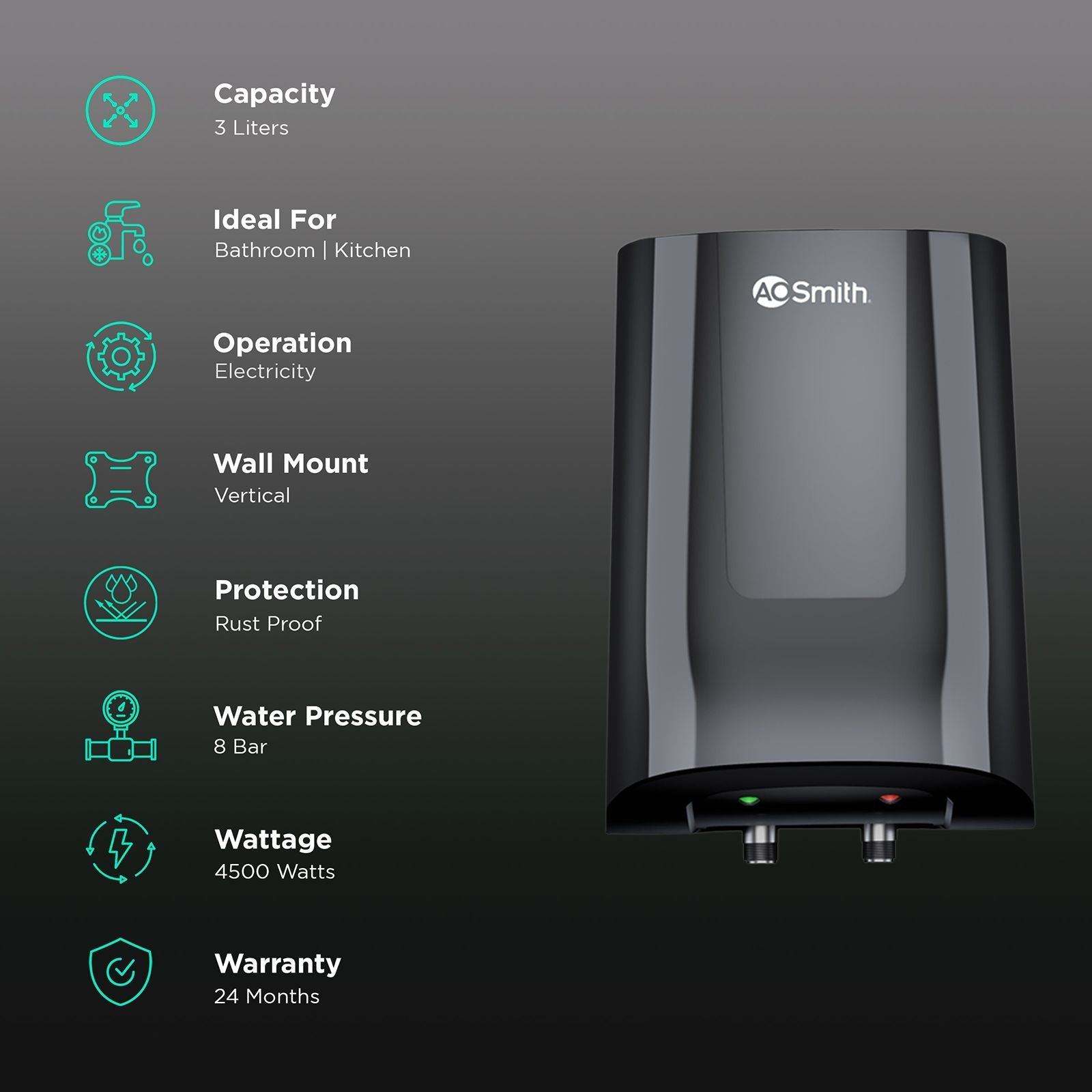 AO Smith MiniBot 3 Litres 5 Star Vertical Instant Water Geyser with Glass Coated (Black)