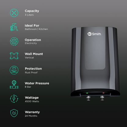 AO Smith MiniBot 3 Litres 5 Star Vertical Instant Water Geyser with Glass Coated (Black)