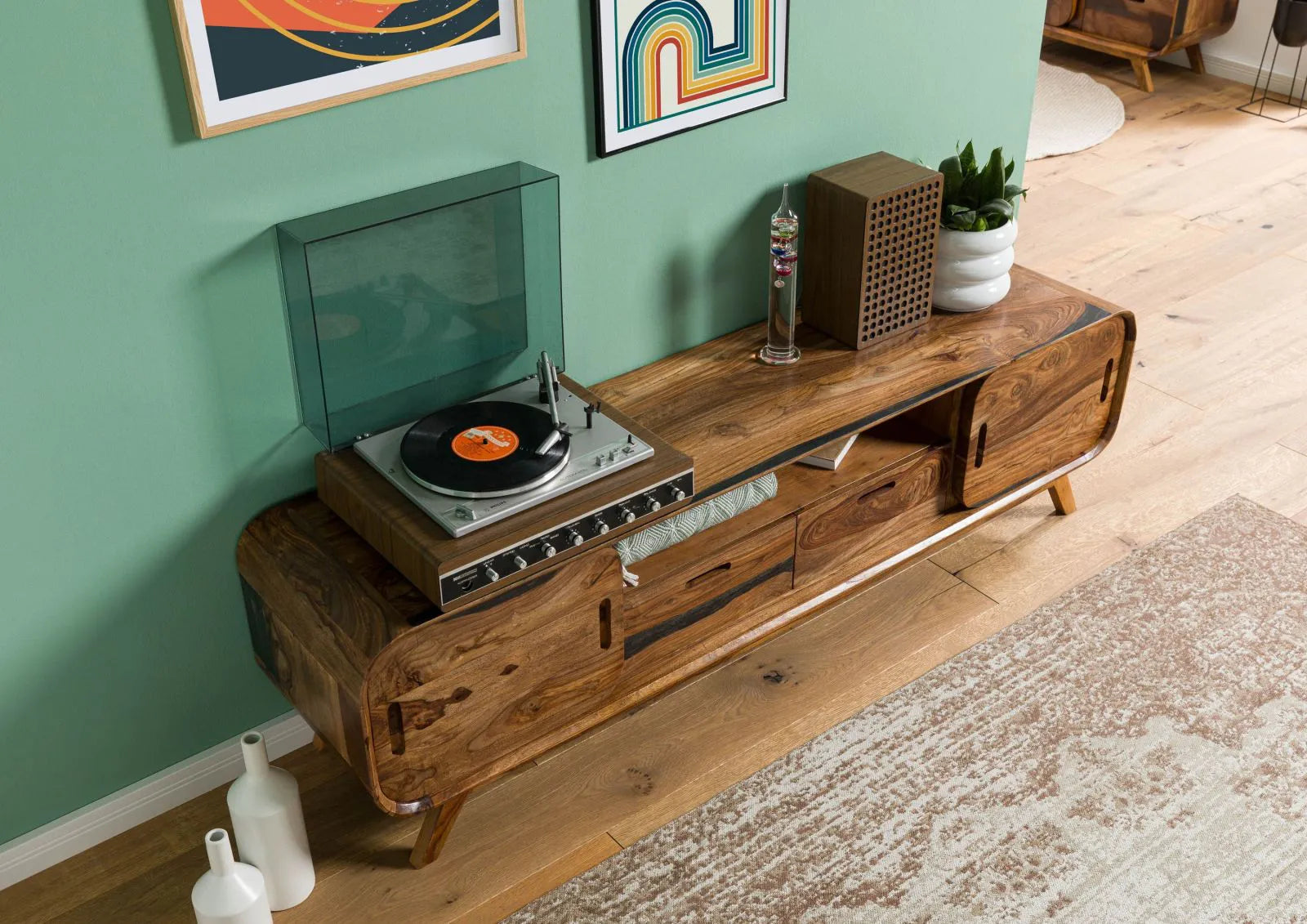Mid-Century Sheesham Wood Low Media Console