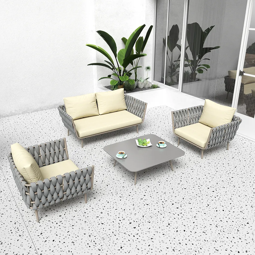 Bifrox Outdoor Garden Balcony Sofa Set 2 Seater, 2 Single seater and 1 Center Table  Set, Braid & Rope (Beige + Grey)
