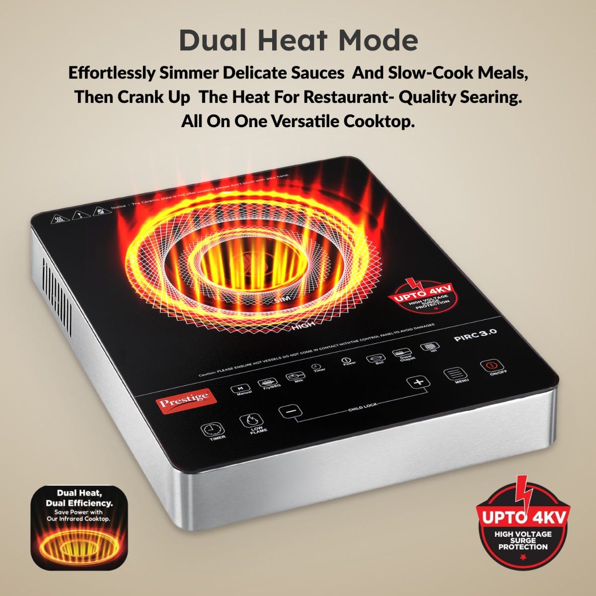 Prestige PIRC 3.0 2400W Infrared Cooktop, Indian Menus & Timer, Black + Prestige Omega Deluxe Granite Alpha 3 Pc BYK Non-Stick Set: Kadai 24cm with Glass Lid, Omni Tawa 28cm, Fry Pan 24cm