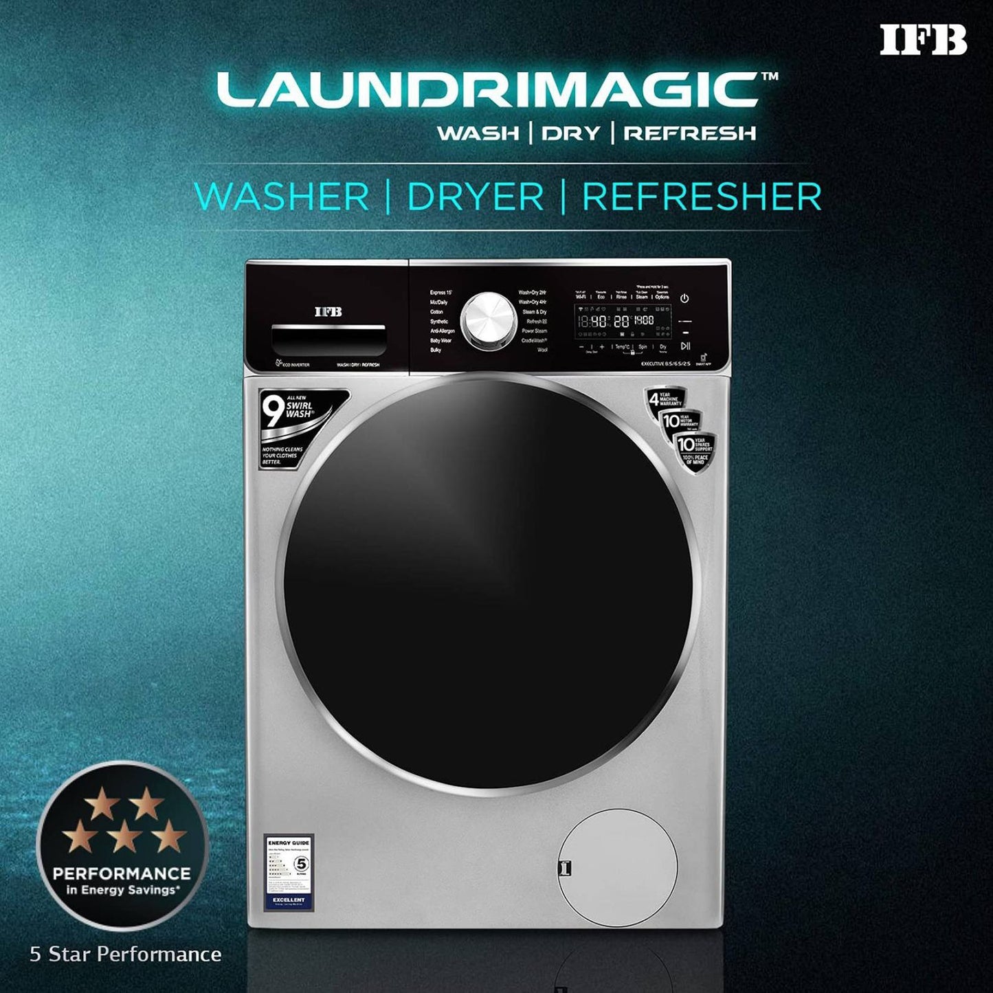 IFB 8.5/6.5 kg 5 Star Inverter Fully Automatic Front Load Washer Dryer (Executive ZXS, Power Steam Wash, Silver)