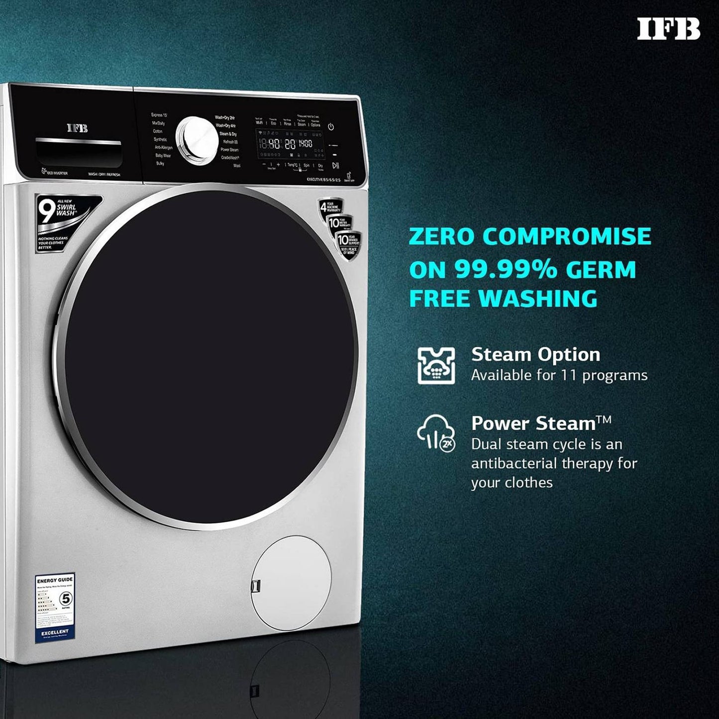 IFB 8.5/6.5 kg 5 Star Inverter Fully Automatic Front Load Washer Dryer (Executive ZXS, Power Steam Wash, Silver)