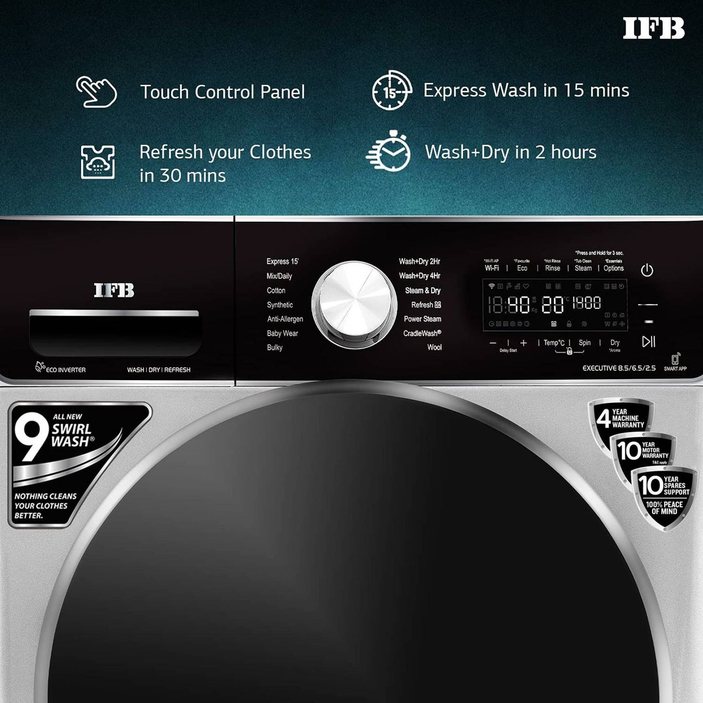 IFB 8.5/6.5 kg 5 Star Inverter Fully Automatic Front Load Washer Dryer (Executive ZXS, Power Steam Wash, Silver)