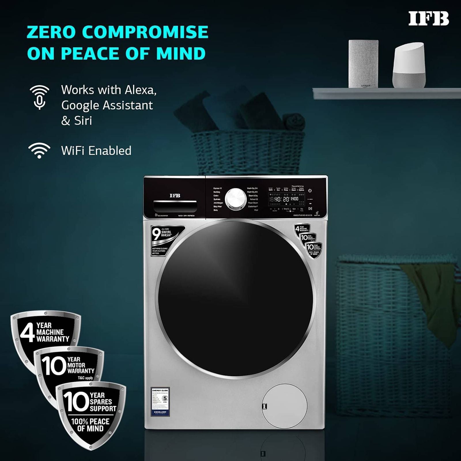 IFB 8.5/6.5 kg 5 Star Inverter Fully Automatic Front Load Washer Dryer (Executive ZXS, Power Steam Wash, Silver)