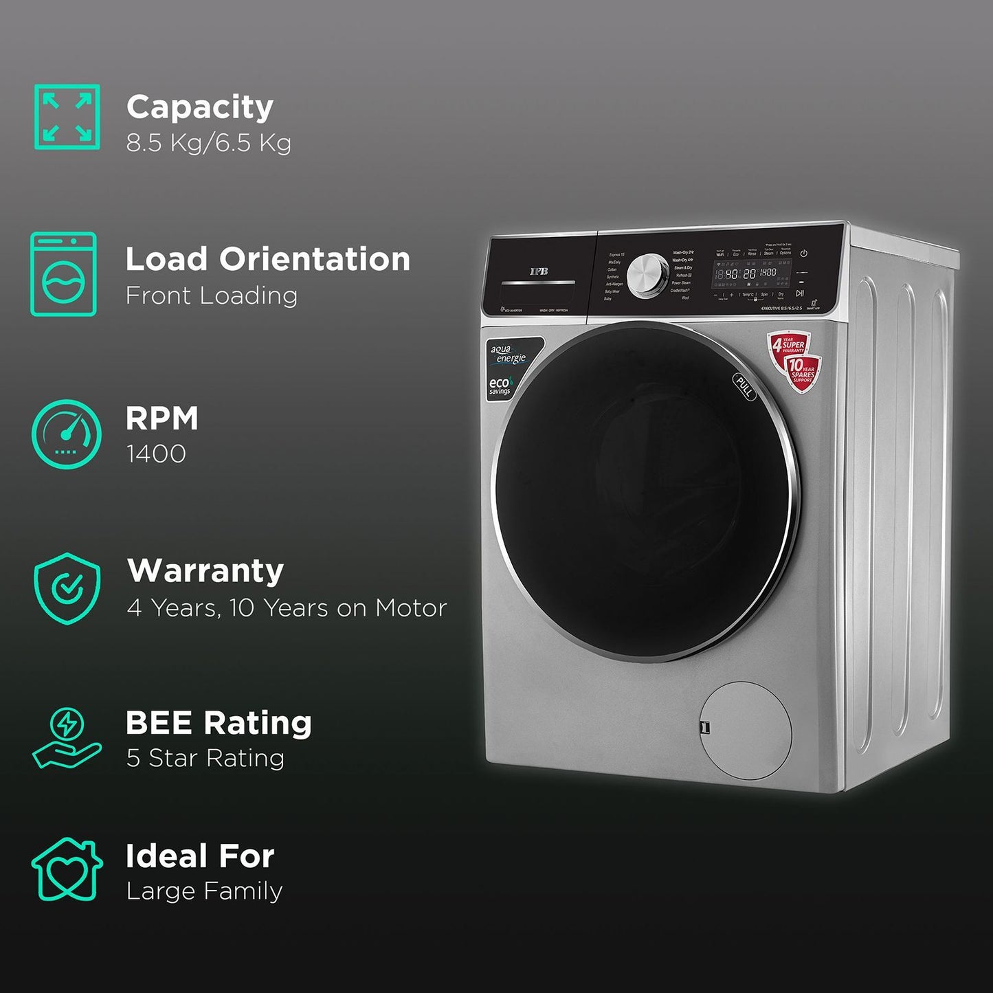 IFB 8.5/6.5 kg 5 Star Inverter Fully Automatic Front Load Washer Dryer (Executive ZXS, Power Steam Wash, Silver)