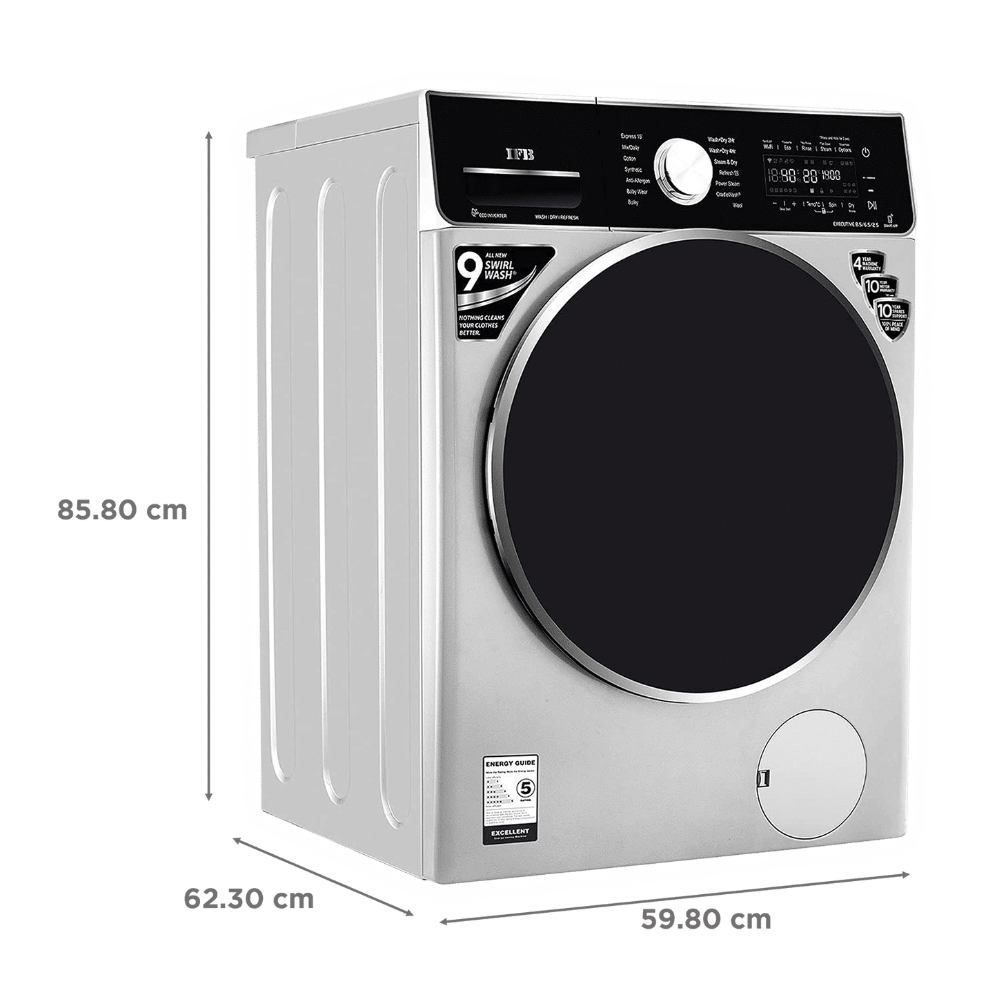 IFB 8.5/6.5 kg 5 Star Inverter Fully Automatic Front Load Washer Dryer (Executive ZXS, Power Steam Wash, Silver)