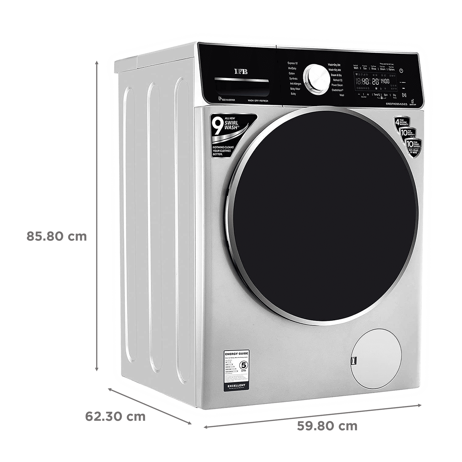 IFB 8.5/6.5 kg 5 Star Inverter Fully Automatic Front Load Washer Dryer (Executive ZXS, Power Steam Wash, Silver)
