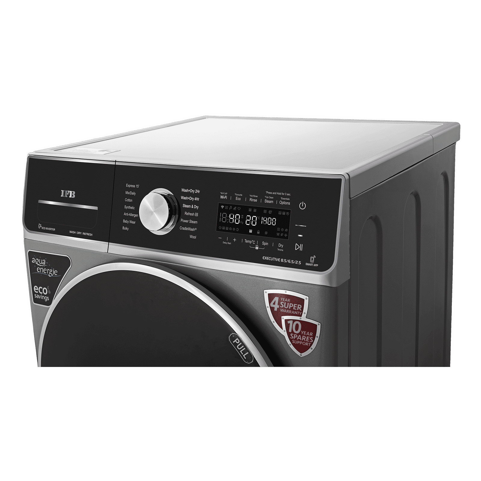 IFB 8.5/6.5 kg 5 Star Inverter Fully Automatic Front Load Washer Dryer (Executive ZXS, Power Steam Wash, Silver)