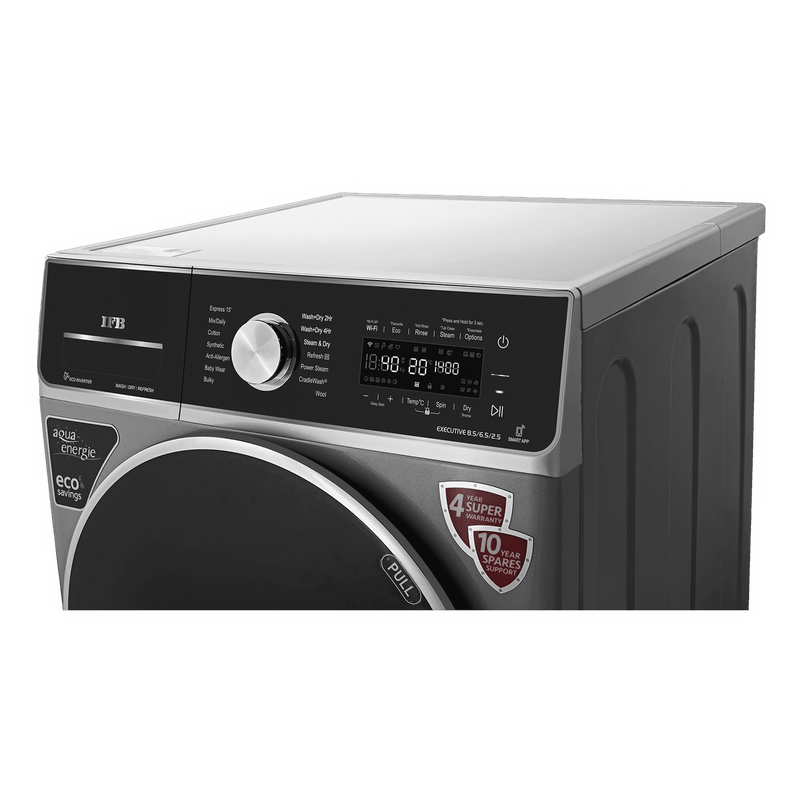 IFB 8.5/6.5 kg 5 Star Inverter Fully Automatic Front Load Washer Dryer (Executive ZXS, Power Steam Wash, Silver)