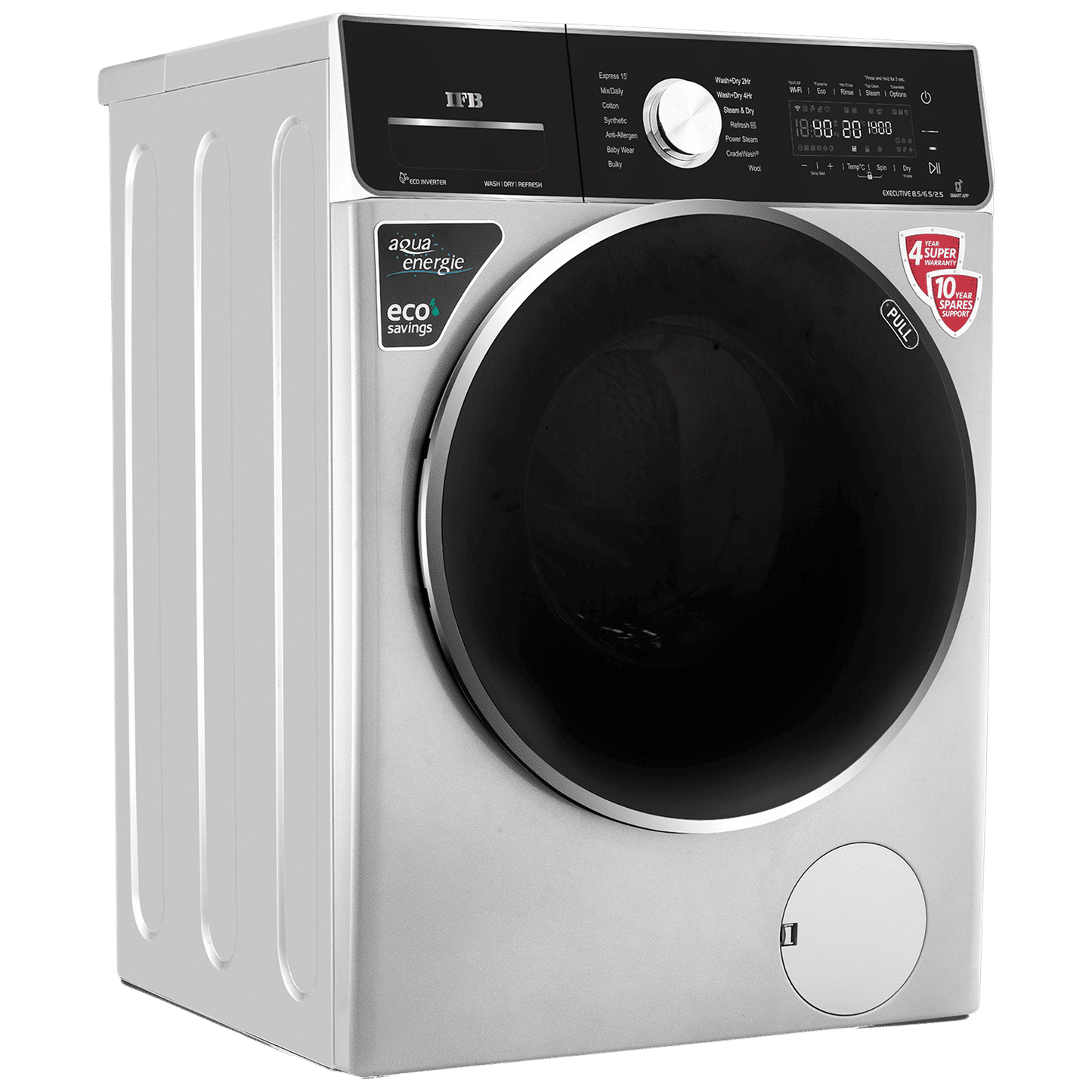 IFB 8.5/6.5 kg 5 Star Inverter Fully Automatic Front Load Washer Dryer (Executive ZXS, Power Steam Wash, Silver)