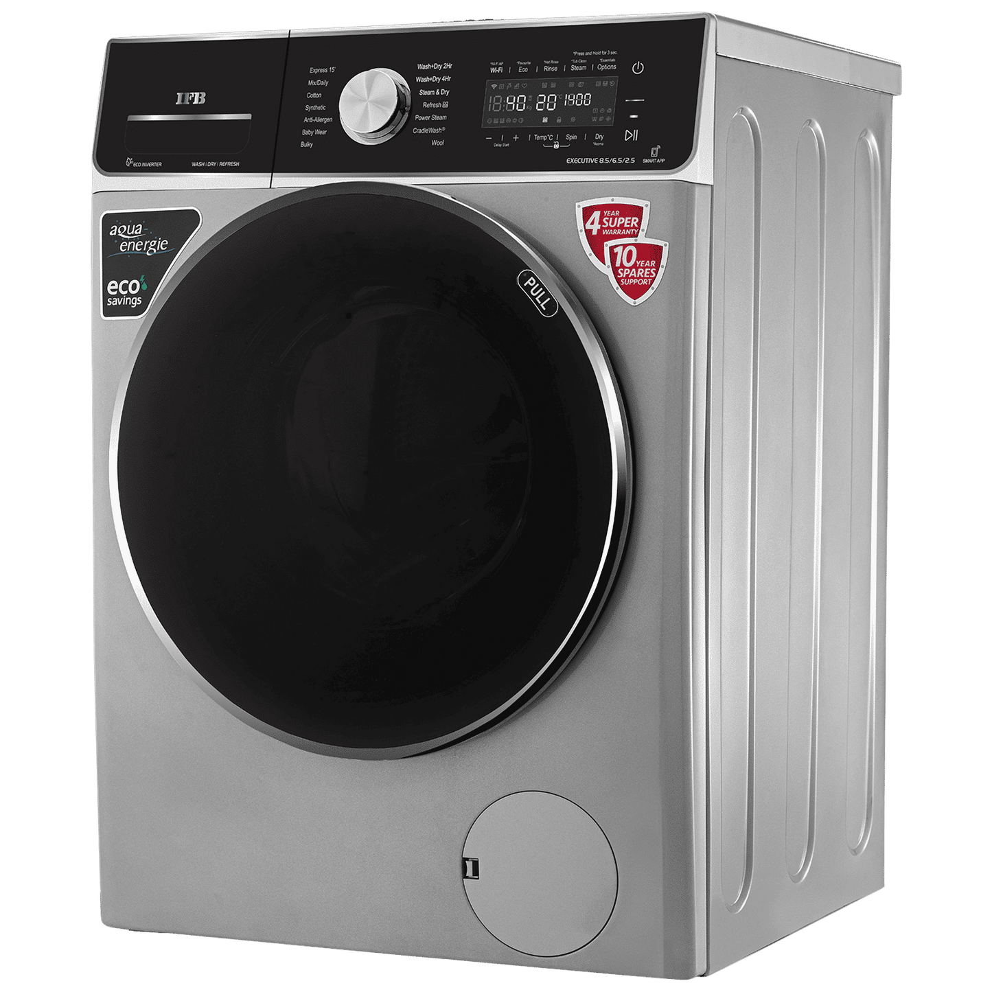 IFB 8.5/6.5 kg 5 Star Inverter Fully Automatic Front Load Washer Dryer (Executive ZXS, Power Steam Wash, Silver)