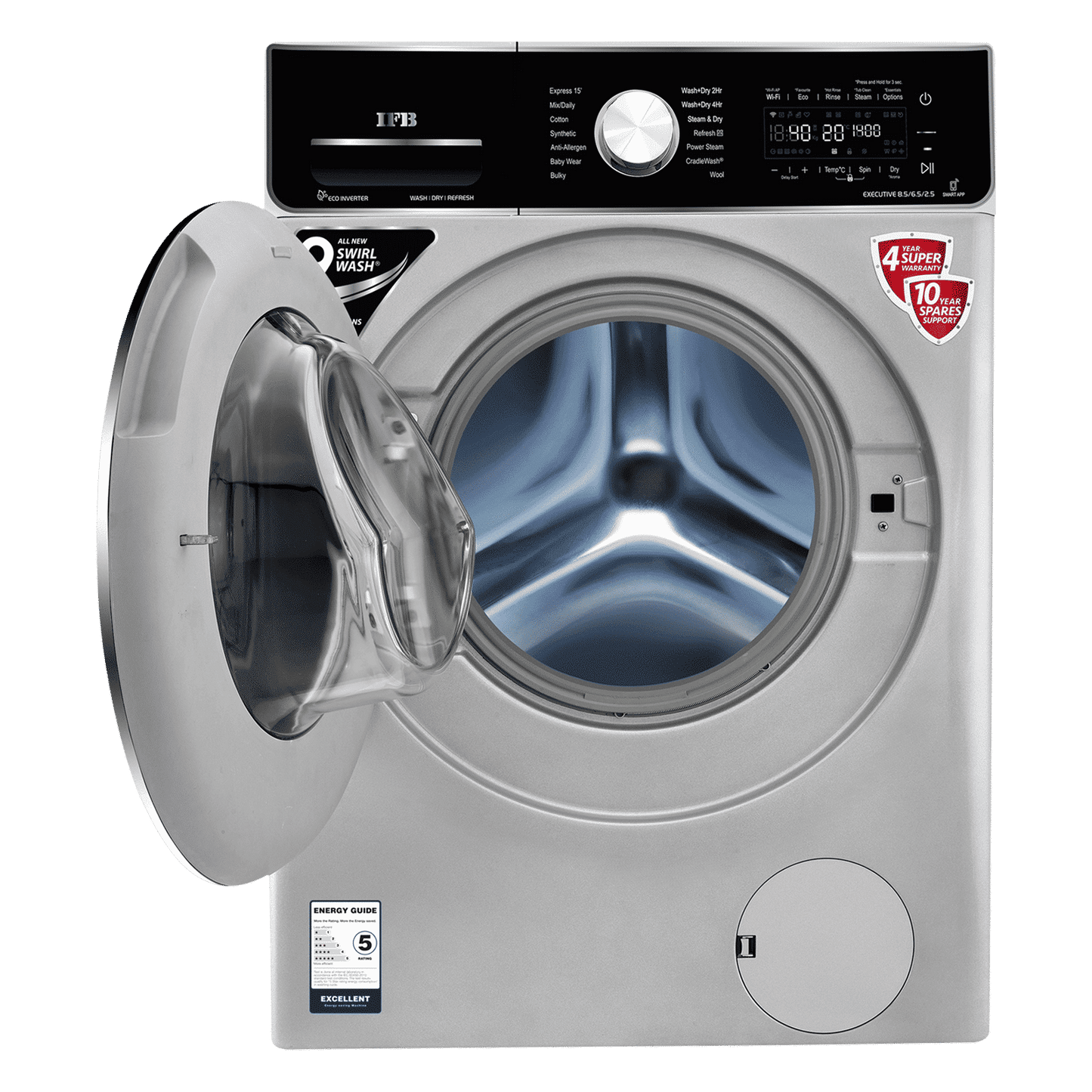 IFB 8.5/6.5 kg 5 Star Inverter Fully Automatic Front Load Washer Dryer (Executive ZXS, Power Steam Wash, Silver)