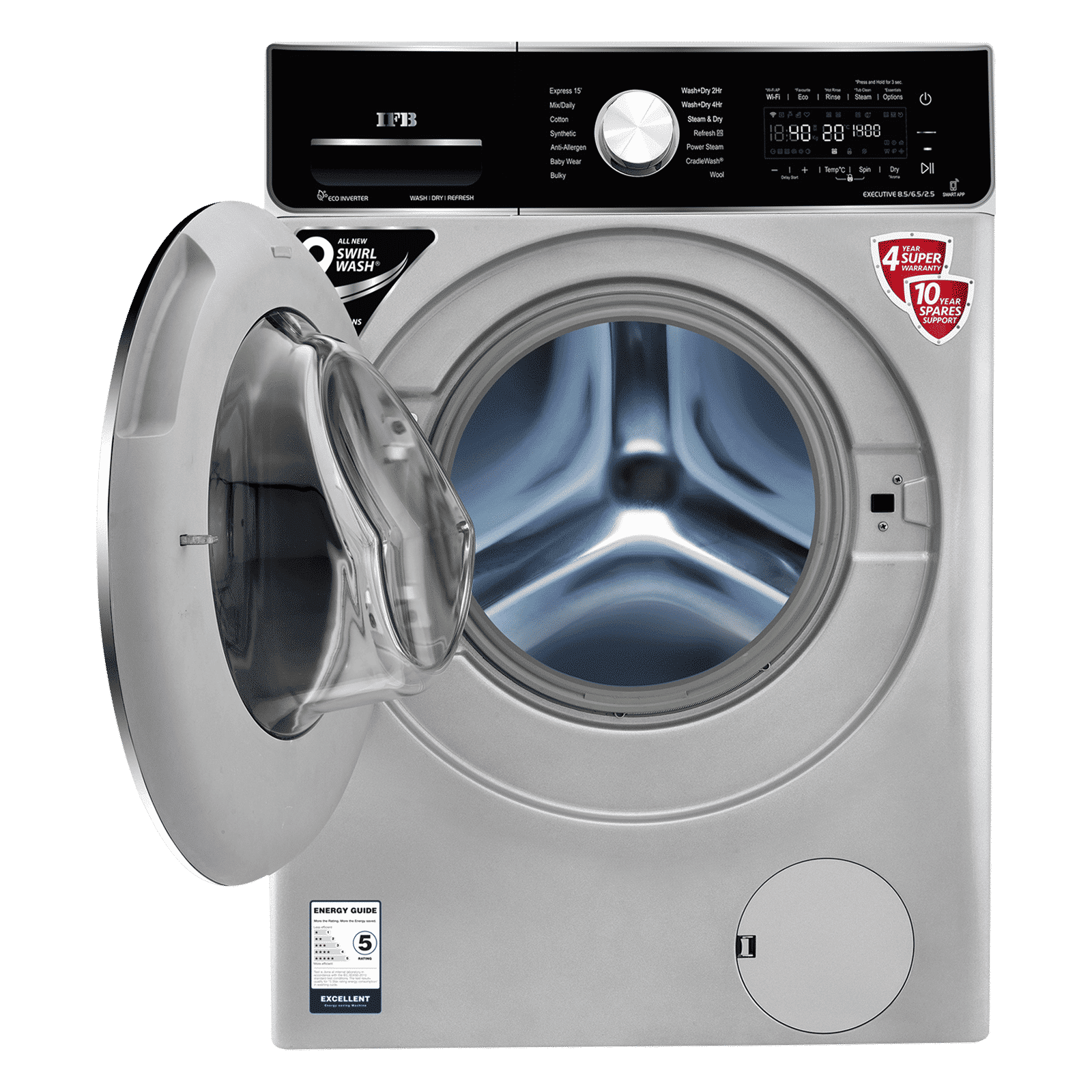 IFB 8.5/6.5 kg 5 Star Inverter Fully Automatic Front Load Washer Dryer (Executive ZXS, Power Steam Wash, Silver)