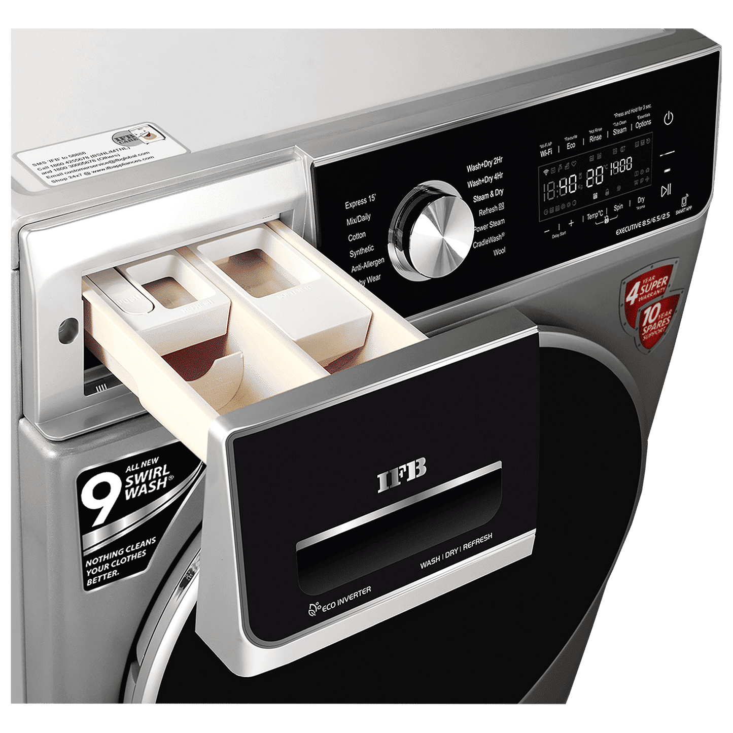 IFB 8.5/6.5 kg 5 Star Inverter Fully Automatic Front Load Washer Dryer (Executive ZXS, Power Steam Wash, Silver)