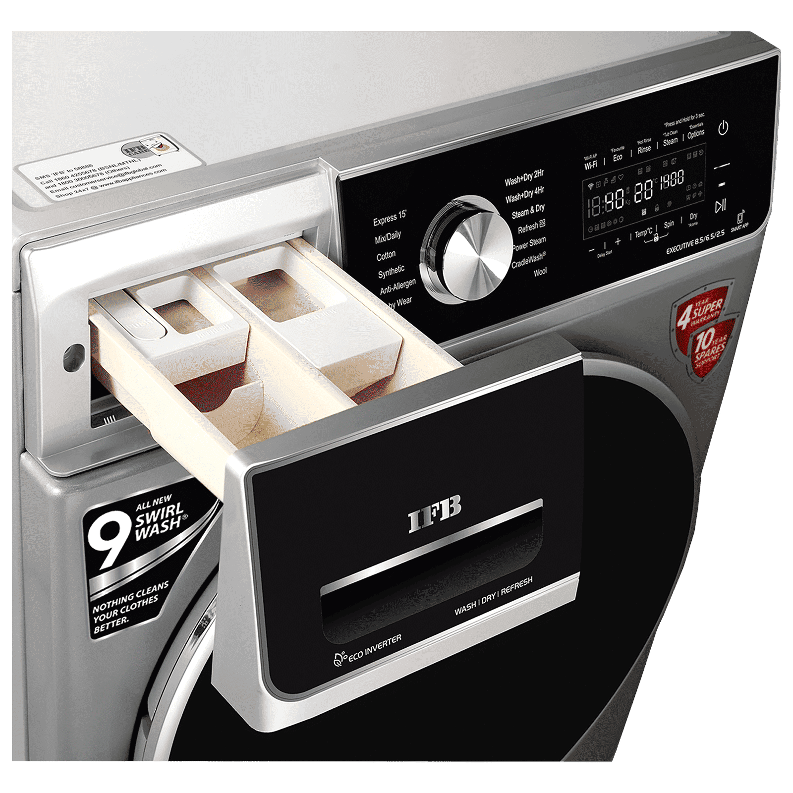 IFB 8.5/6.5 kg 5 Star Inverter Fully Automatic Front Load Washer Dryer (Executive ZXS, Power Steam Wash, Silver)