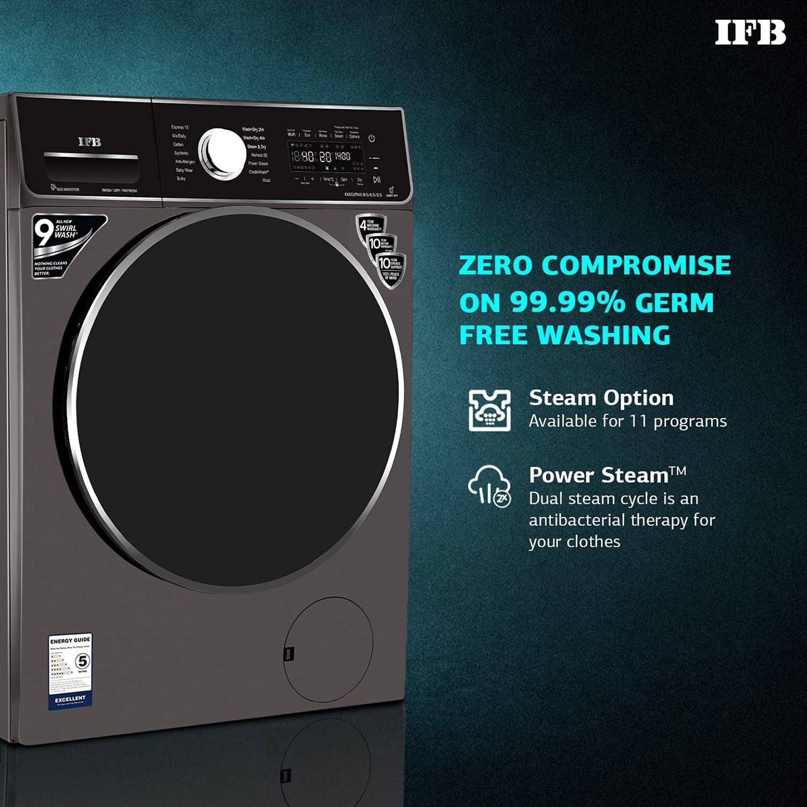 IFB 8.5/6.5 kg 5 Star Inverter Fully Automatic Front Load Washer Dryer (Executive ZXM, Power Steam Wash, Mocha)