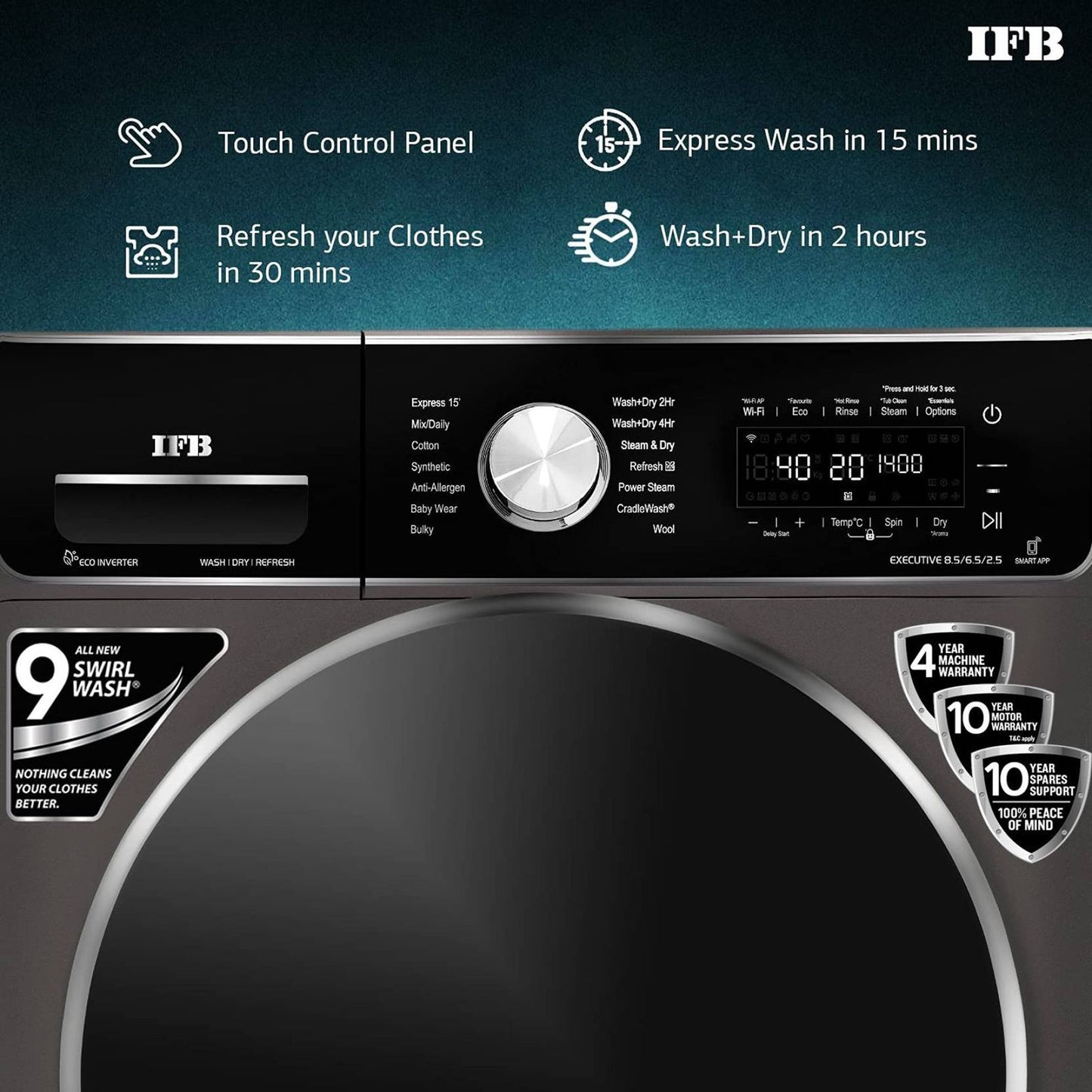 IFB 8.5/6.5 kg 5 Star Inverter Fully Automatic Front Load Washer Dryer (Executive ZXM, Power Steam Wash, Mocha)
