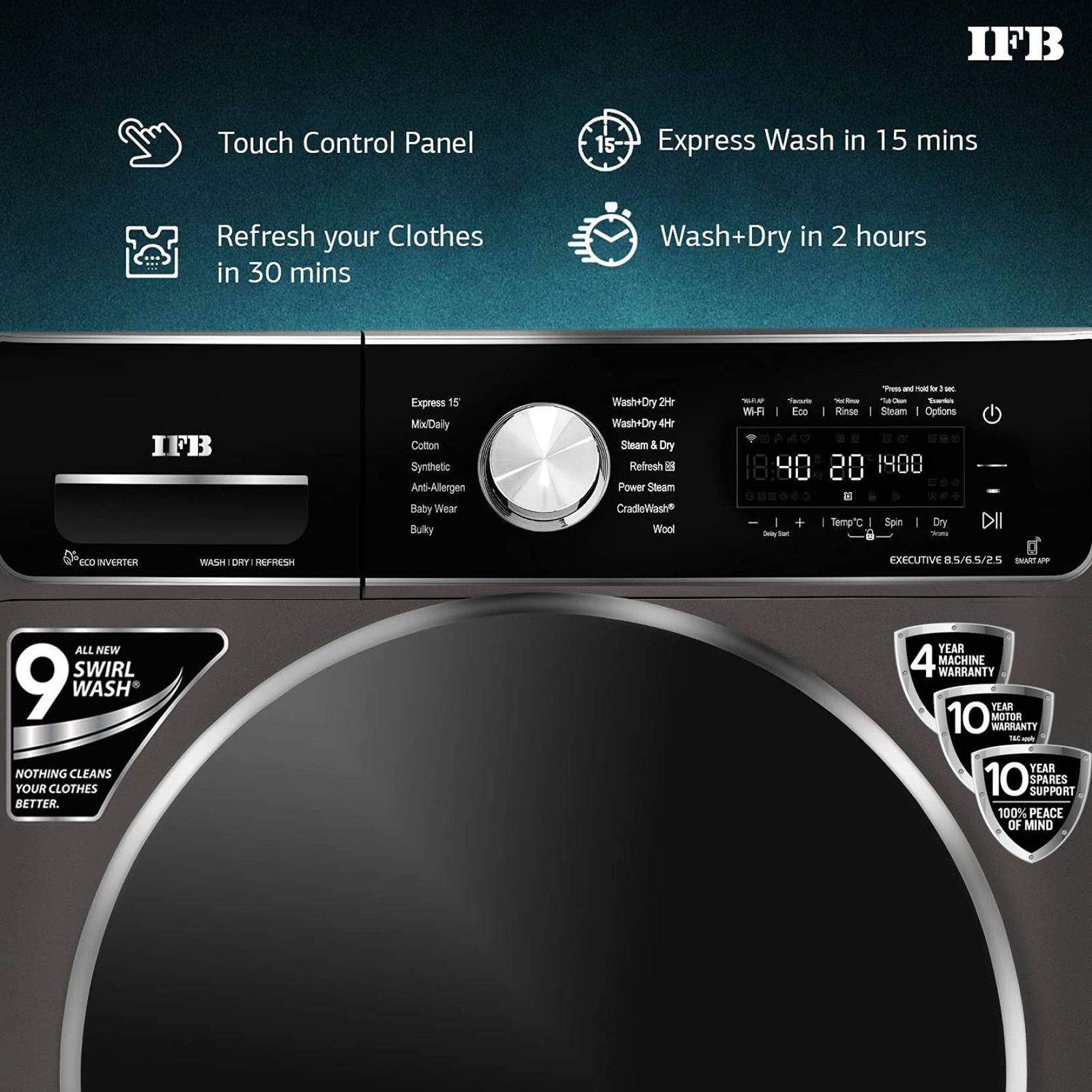 IFB 8.5/6.5 kg 5 Star Inverter Fully Automatic Front Load Washer Dryer (Executive ZXM, Power Steam Wash, Mocha)
