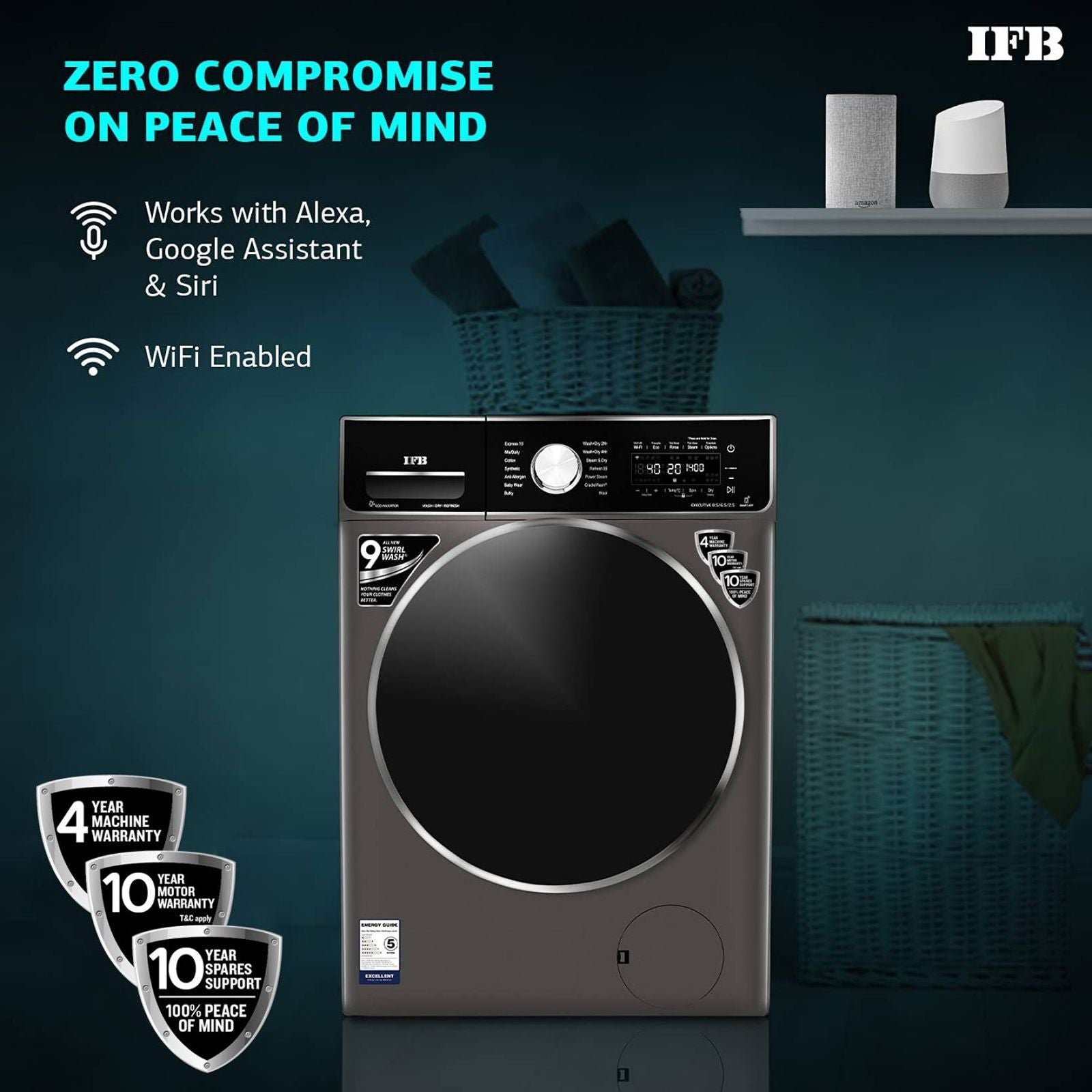 IFB 8.5/6.5 kg 5 Star Inverter Fully Automatic Front Load Washer Dryer (Executive ZXM, Power Steam Wash, Mocha)