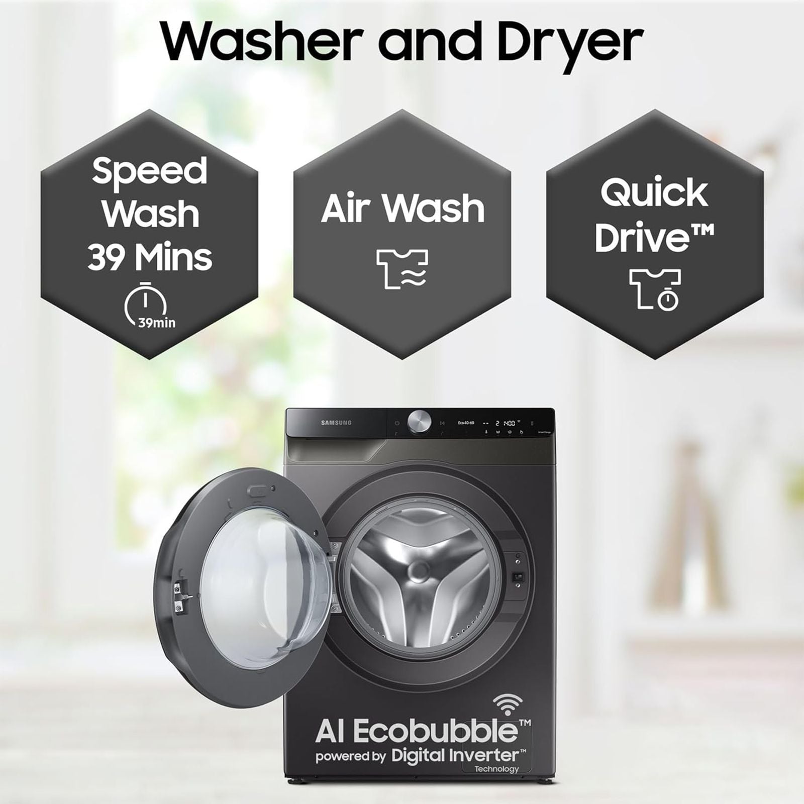 SAMSUNG 10.5/7 kg Inverter Fully Automatic Front Load Washer Dryer (WD10T704DBX/TL, AI Control Display, Inox)