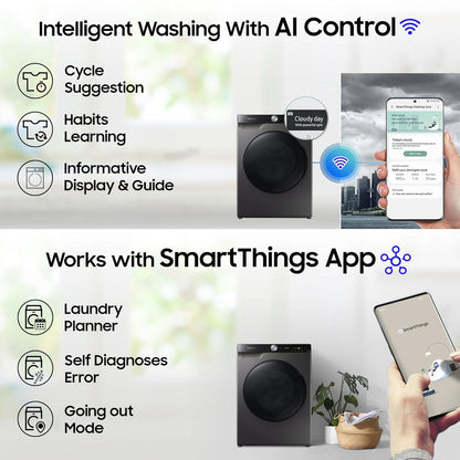 SAMSUNG 10.5/7 kg Inverter Fully Automatic Front Load Washer Dryer (WD10T704DBX/TL, AI Control Display, Inox)