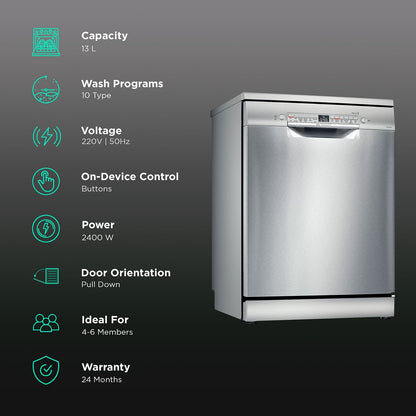 BOSCH Series 6 13 Place Settings Free Standing Dishwasher with Glass Protection Technology (Silver Inox)