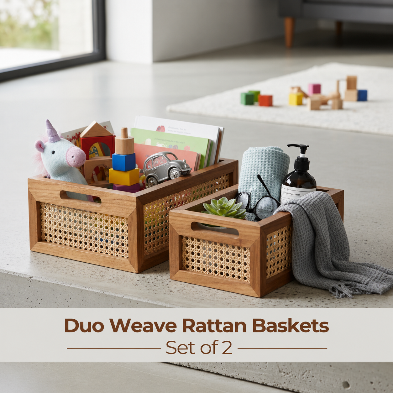 Multi-Purpose Rattan Organizer Caddy for Kitchen & Dining-Set Of 2