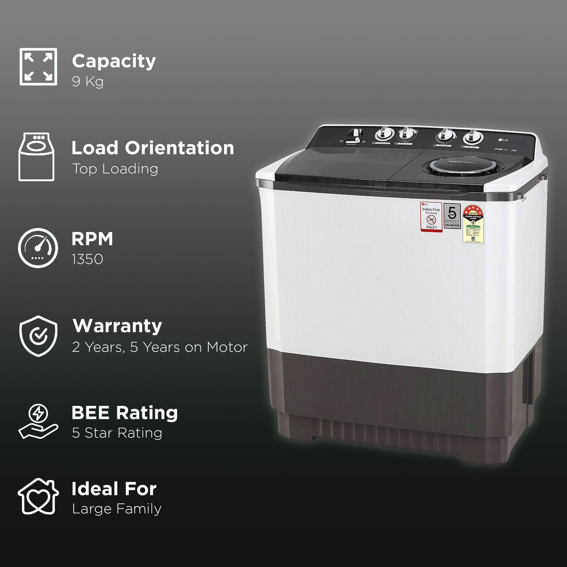 LG 9 kg 5 Star Semi Automatic Washing Machine with Lint Filter (P9041SGAZ.ADGQEIL, Grey)