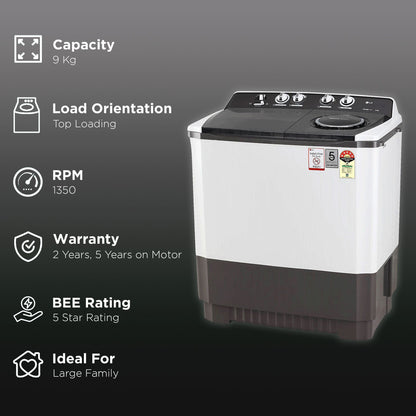 LG 9 kg 5 Star Semi Automatic Washing Machine with Lint Filter (P9041SGAZ.ADGQEIL, Grey)