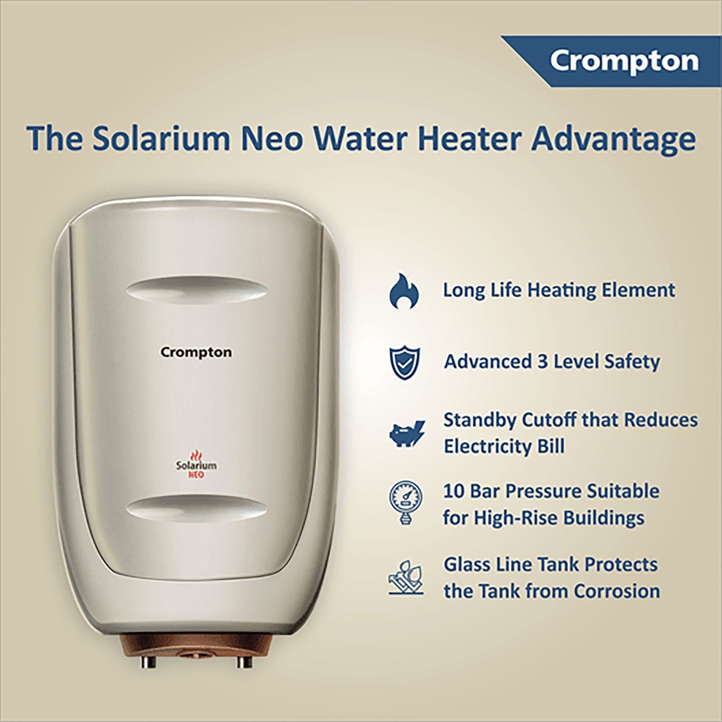 Crompton Solarium Neo 6 Litres 4 Star Vertical Storage Water Geyser with Glass Coated Incoloy Heating Element (White)
