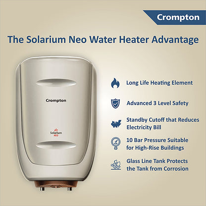 Crompton Solarium Neo 6 Litres 4 Star Vertical Storage Water Geyser with Glass Coated Incoloy Heating Element (White)
