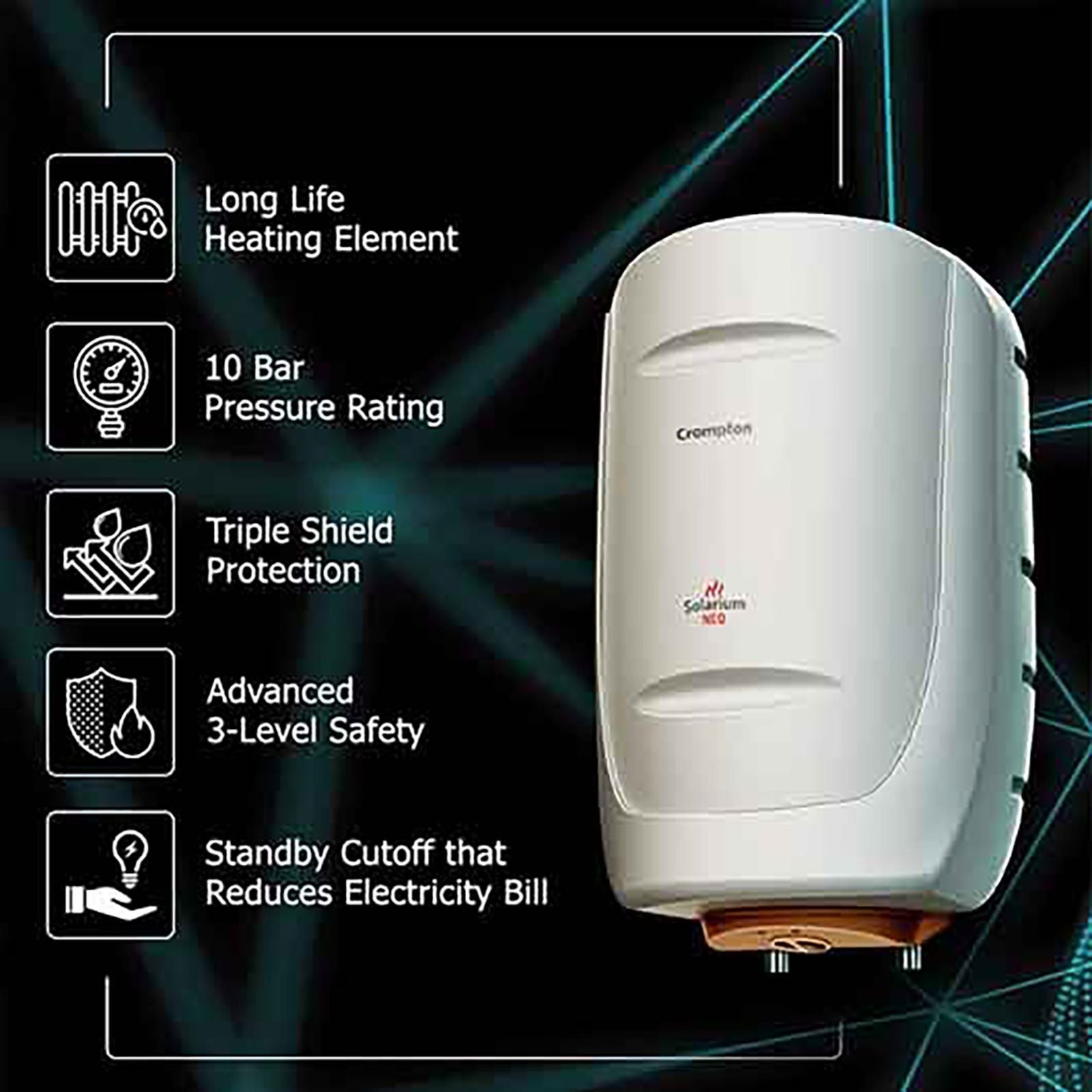 Crompton Solarium Neo 6 Litres 4 Star Vertical Storage Water Geyser with Glass Coated Incoloy Heating Element (White)