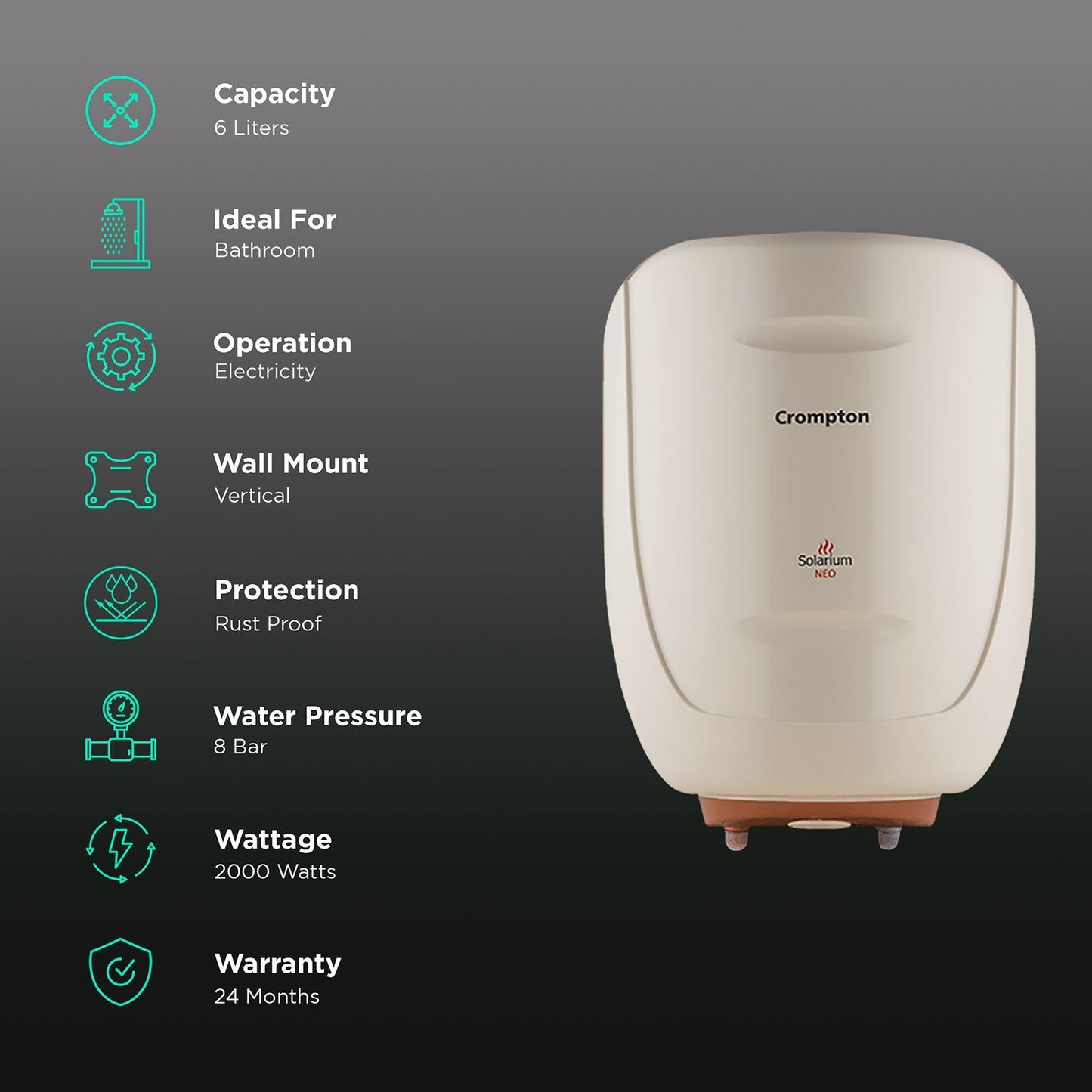 Crompton Solarium Neo 6 Litres 4 Star Vertical Storage Water Geyser with Glass Coated Incoloy Heating Element (White)