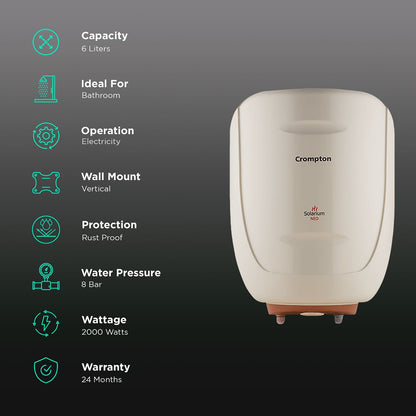 Crompton Solarium Neo 6 Litres 4 Star Vertical Storage Water Geyser with Glass Coated Incoloy Heating Element (White)