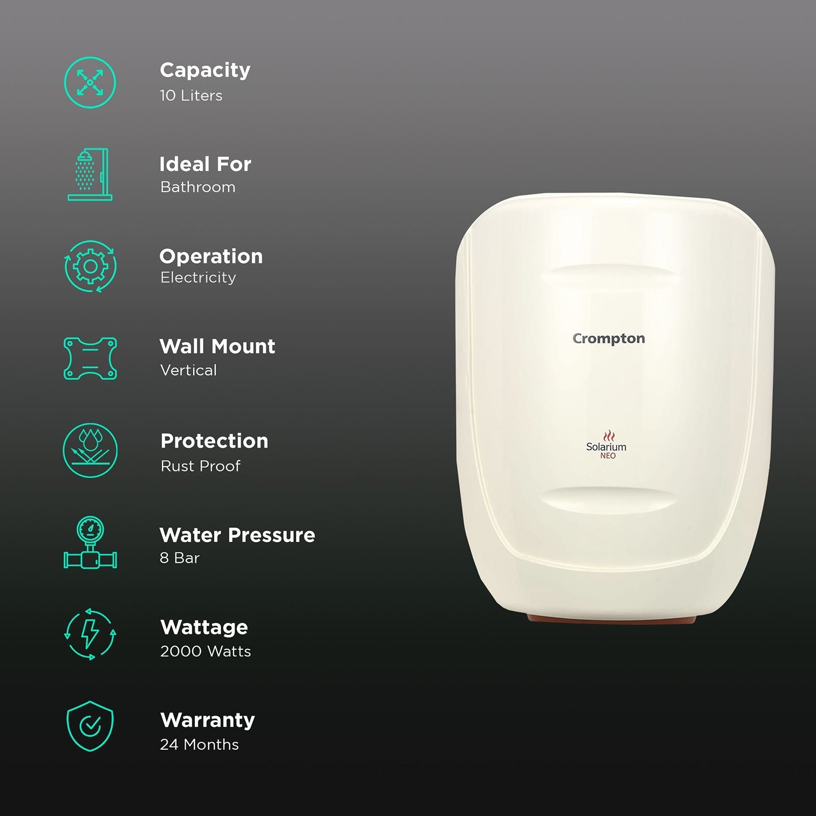 Crompton Solarium Neo 10 Litres 5 Star Vertical Storage Water Geyser with Glass Coated Incoloy Heating Element (White)