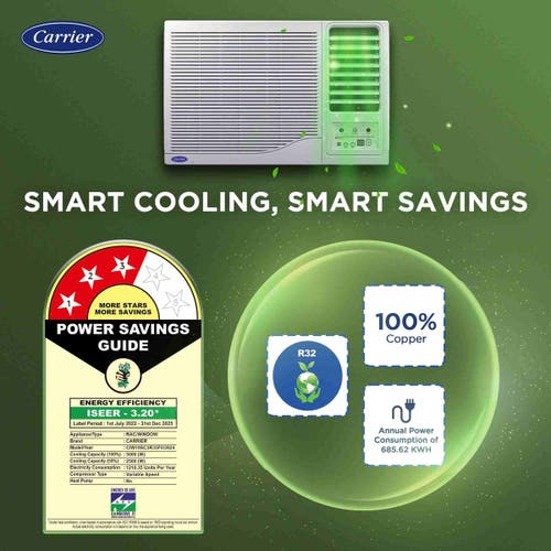 Carrier 2 Ton 3 Star Fixed Speed Window AC | 100% Copper | Energy Saver Mode | Turbo Mode | Remote Control (Estrella FX | White) 2025 Model